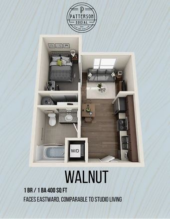 1 Bed 1 Bath floor plan - Patterson Social 1 Bed 1 Bath, 2 Blocks from campus