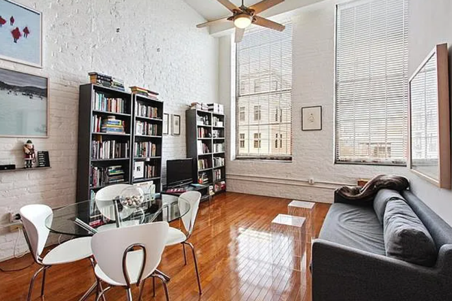 Loft Living Room With Hardwood Floors and City Views - Fully-Furnished Warehouse District Loft Available Immediately