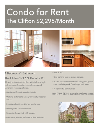 Condo Flyer - The Clifton 1bedroom/1bath Condo on Quiet 3rd Floor