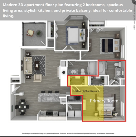 This is the overall floorplan, the redline is the bedroom and the highlight shows what your room, can be negotiable! - Lumin East Cobb Apartments