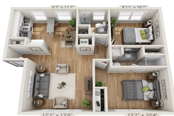 2 bedrooms, 2 bathrooms, a living room area and a kitchen - Close to campus Apartments