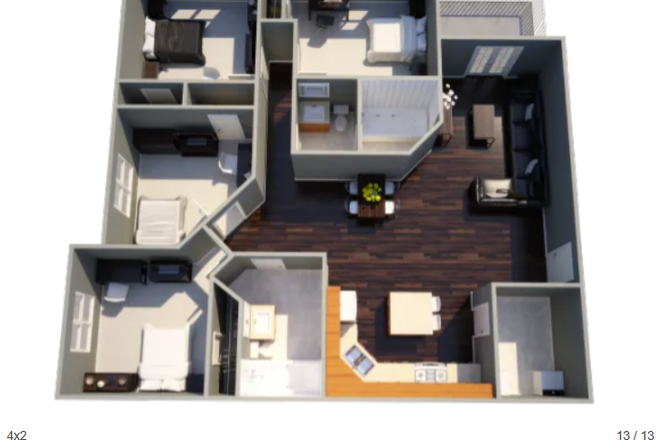 Floor plan of the 4x2, room being sublet is top middle of pic - Village West 4x2 (Prefer guy roommate) Apartments