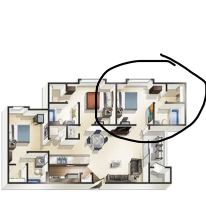 The room that is available for sublet is the one circled - SUBLEASE three bedroom three bath