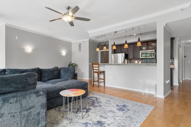 Living Room and Kitchen - Spacious 1BR/1BA Near Northwestern – Fully furnished & Limited Utilities Included