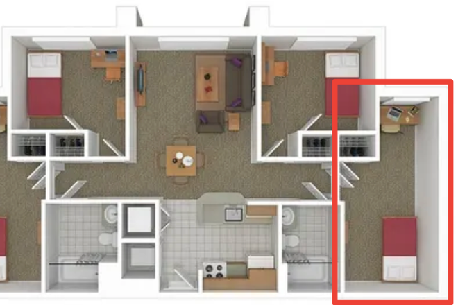 Floorplan of bedroom and the rest of the unit - South Campus Commons 2