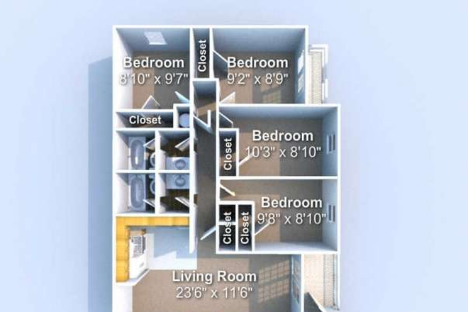Floor plan. The room closest to the living room is available - 5 min walk to campus in 4b2b apartment. Male roommates.