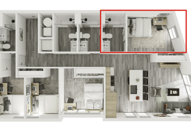 Floorplan (red box is bedroom and attached private bathroom) - Verve