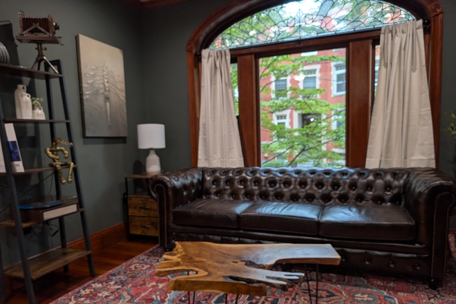 Living Room w/ Gas Fireplace and Custom Moldings - 9 Strathmore #2 Secluded Street in Cleveland Circle Abutting T and BC shuttle - Available Furnished Triplex