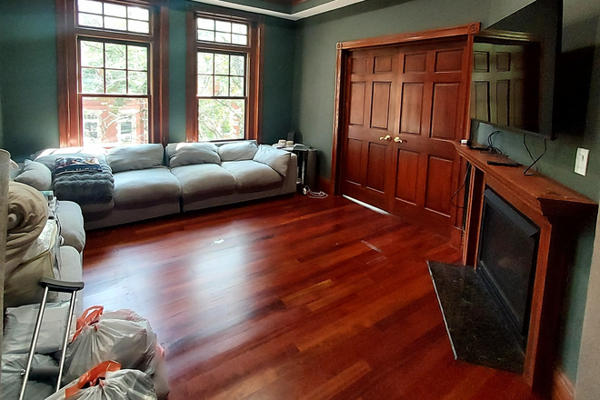 High Ceilings w/ fireplace Living Room - 9 Strathmore, Unit #4 - Secluded Street in Cleveland Circle - Updated Owner Managed Triplex