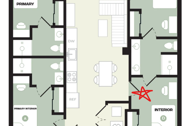 4x3A floor plan - starred is room available - The Hub Apartments - 4x3A, Room D Female Space Available