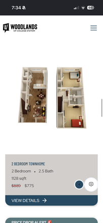 This is the floor plan. Living room and kitchen and half bath downstairs, 2 bed 2 bath upstairs. - The Woodlands of College Station