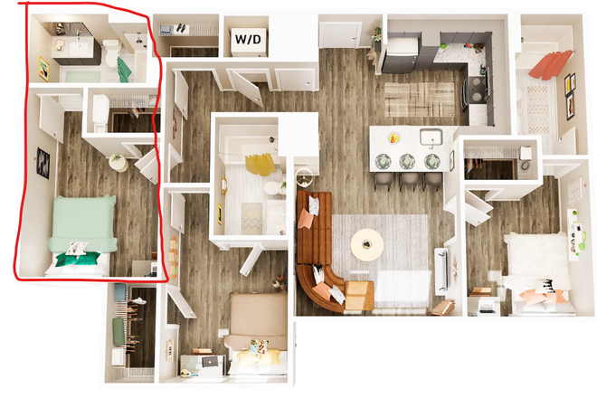Basic image of the Apartment shown on the website. - Union Blacksburg Apartments C1 Furnished Top Floor Lease Takeover Winter2025 through Summer202