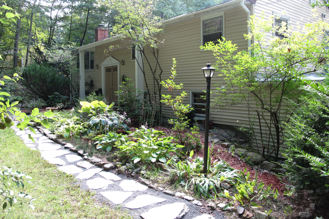 Outside view: front yard and entry. - Private home, sunny, on quiet road, backyard, parking,