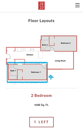 2B2B in this unit. Each bedroom includes its own bathroom. The blue rectangle area is the bedroom which is available! - Perfect place for UC student!