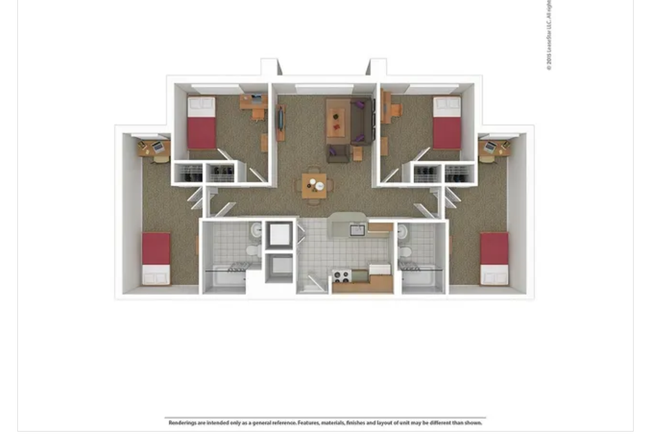 Floor Plan. Room available for rent is upper left bedroom. Smaller size. - College/University Apartment