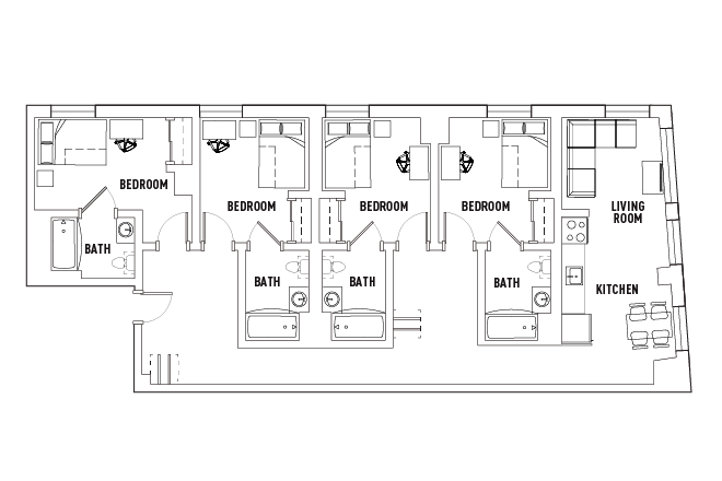 Full apartment layout. Unit on listing is the leftmost one. - Lightview Apartments