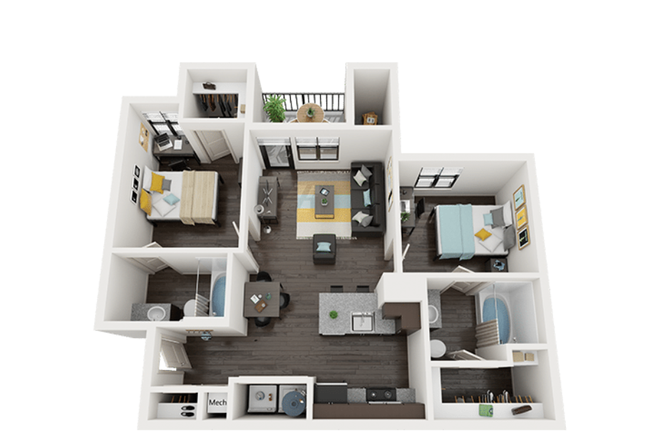 Floor Plan of 2-bed/2-bath apartment - The Mill At Auburn Apartments