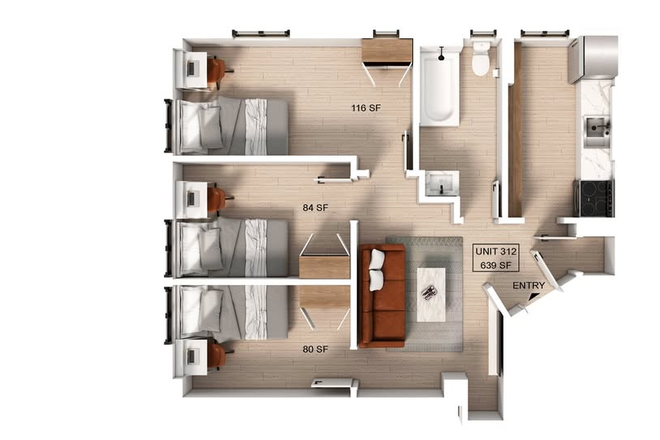 The available room is the Middle Room (84 SF). - Private Room For Rent Within Shared Suite