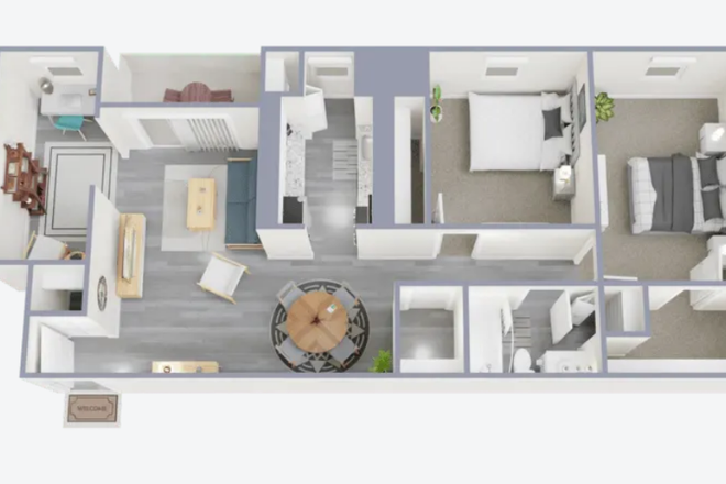 2 bedroom, 1 bathroom, in-unit washer/dryer, communal kitchen, living room, and study nook. - Windsor Hills Apartments