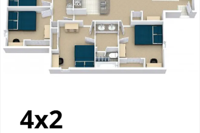 Bedrooms, Bathrooms, Kitchen, Pantry/Laundry Room, Living Room, Fully Furnished - The Ridge at North Texas Apartments