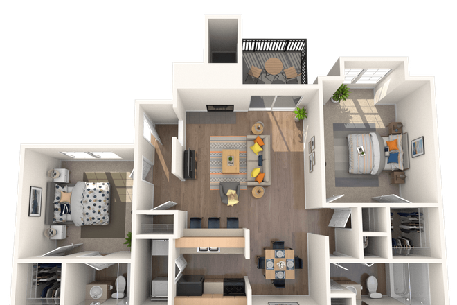 A floor plan of the apartment. The flooring will be carpet instead of the rendered hardwood. - The Retreat at Lake Johnson