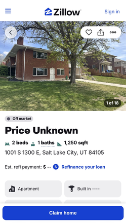 Zillow listing - 1001 S 1300 E (close to campus)