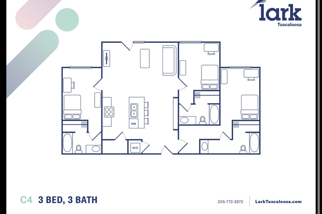 Floor plan. Kitchen very spacious - Lark Tuscaloosa. Student housing