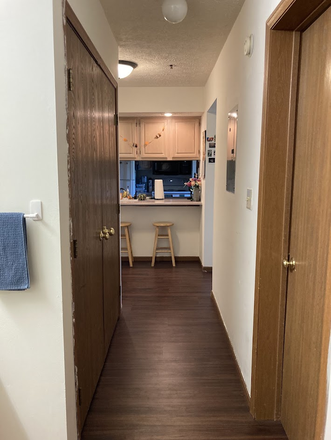 Main hallway- washer and dryer on left, available bedroom on right - 420 S Chauncey Ave Apartments