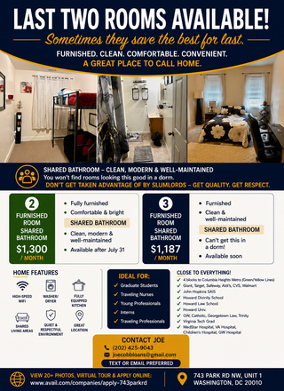 Ad - Last two room Rentals Fully furnished $1187 & $1300
