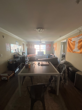 Living room comes with seating furniture along with the kitchen table and TV stand. - Society 865 Apartments, unit 303