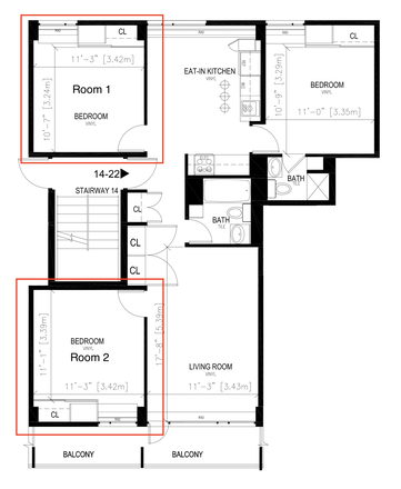 3b/2b floor plan, 946sf - Harvard Peabody Terrace (HUH) – 2 Rooms Available in 3B2B Apartment, $1500 & $1600