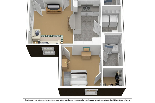 Full Kitchen, Living Room, 2 Bed/Baths, In-Unit Washer/Dryer - The Courtyards at UMD – Bedroom B, 2-Bedroom/2-Bathroom, In-Unit Washer/Dryer & Pool Apartments