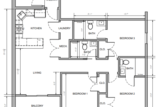 Floorplan of similar unit, floorplan is mirrored, bedrooms on left, kitchen on right. - Modern 3bed, 3bath apartment in University City!
