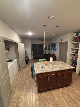 Kitchen and living room with 2 couches and tv. Also in unit washer/dryer on left - North 116 Flats
