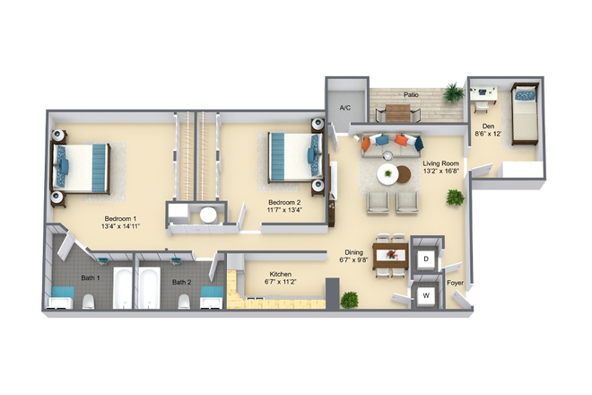 Floorplan - Carolina Apartments, 2-bed, 2-bath. Lease renewal with new roommate starting 7/15/26