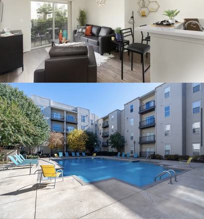 Living room/kitchen & pool area - Alight Birmingham Apartments