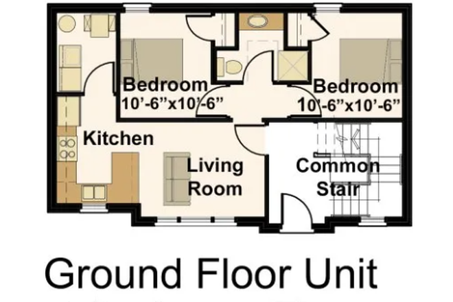 Floor plan including kitchen, living room, laundry, bedrooms, and bathroom - Gaslight sublease for Fall 2026