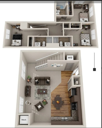 Townhouse layout of a 3 bedroom 3 bath. All separate leases with ensuite bathrooms. - The James Apartments, Close to Campus