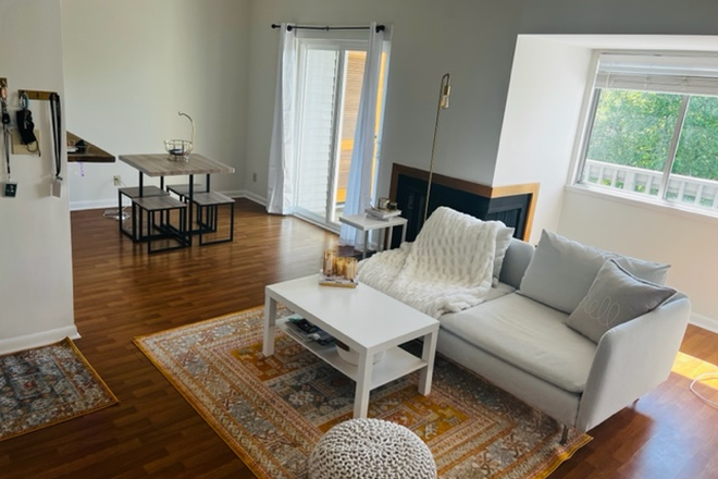 Living room/Dining room facing balcony - Sunny 1Bd/1Ba top floor condo with cathedral ceilings and fireplace