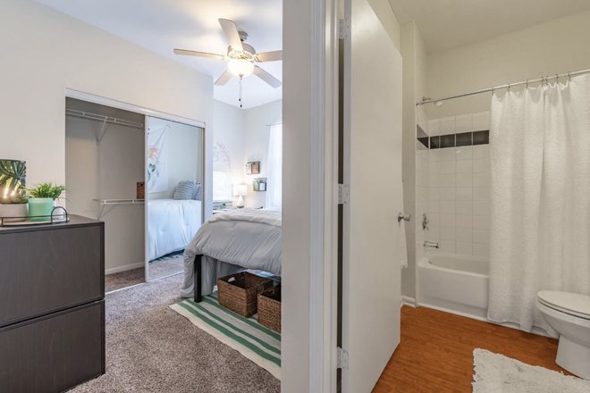 Bedroom layout, including in room bathroom, and sliding closet. Bedroom is fully furnished. - Alight West Lafayette, close to campus, convenient lower floor unit. Apartments