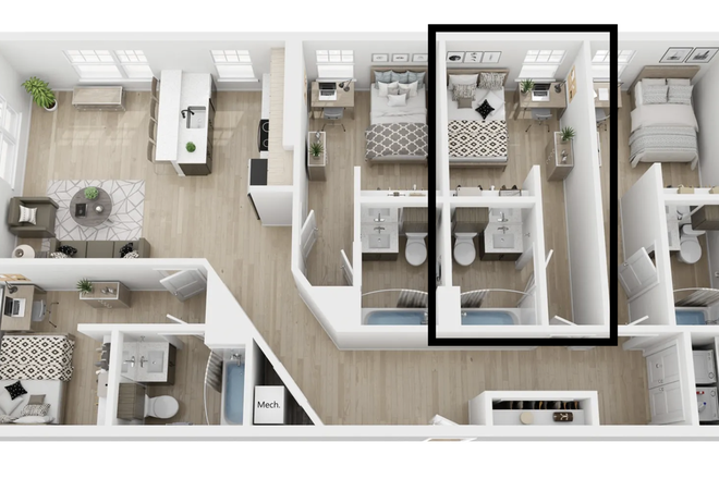 Apartment floorplan, specific room shown - Furnished single room w/ private bathroom & A/C in 4 br suite, Fieldstone Apts on UMass Campus