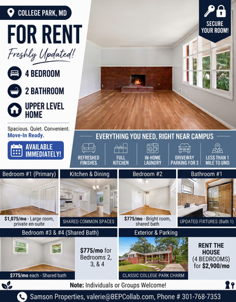 Flyer - House / Rooms for rent - Spacious House for Rent (or Individual Rooms for Rent) Near UMD – College Park Woods! Available Now