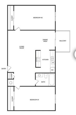 Floorplan of apartment. Bedroom #1 vacant, bedroom #2 occupied. - Glenwood Apartments