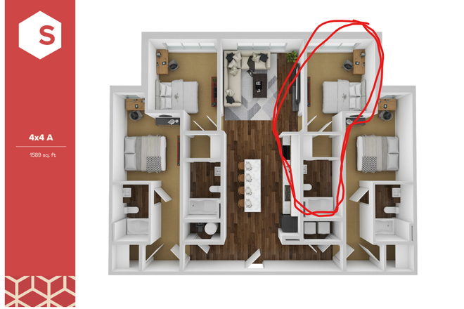 Room 232-C. Back right, has a window - Stanhope Student Apartment-Single Room