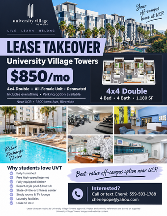 Flyer - University Village Towers: highly desirable, 2nd Floor 4x4 Shared Double 4 Be