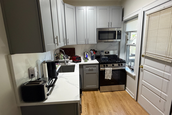 Newly renovated kitchen! Appliances include oven microwave, kettle, water filter, toaster, panini press, air fryer. Everything you need! - 643 Library Pl, Apartment 1