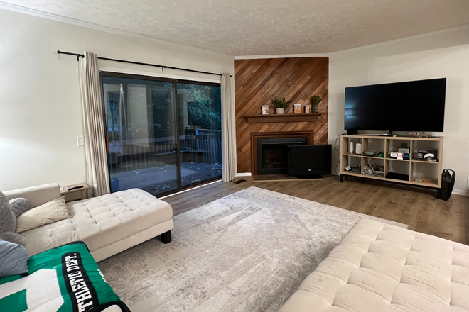 Living room with fire place and TV, sliding door leads to deck. - Quiet Private Room Near MSU Campus Condo