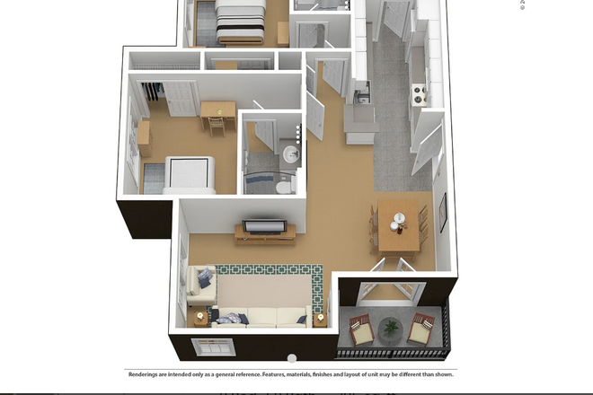 Floor plan of furnished 2Bed/2Bath Unit - Courtyard at UMD Apartments