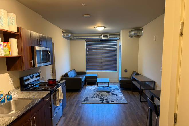 Living room and kitchen - Sublease at Skyvue – Furnished Room with Private Bathroom in 2B2B | Near Campus