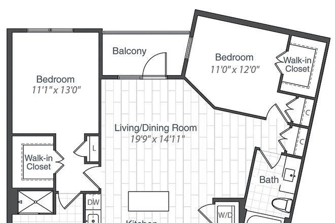 Apartment floorplan. Your room is on the left. - Private bedroom with en suite bathroom in Avalon Potomac Yard